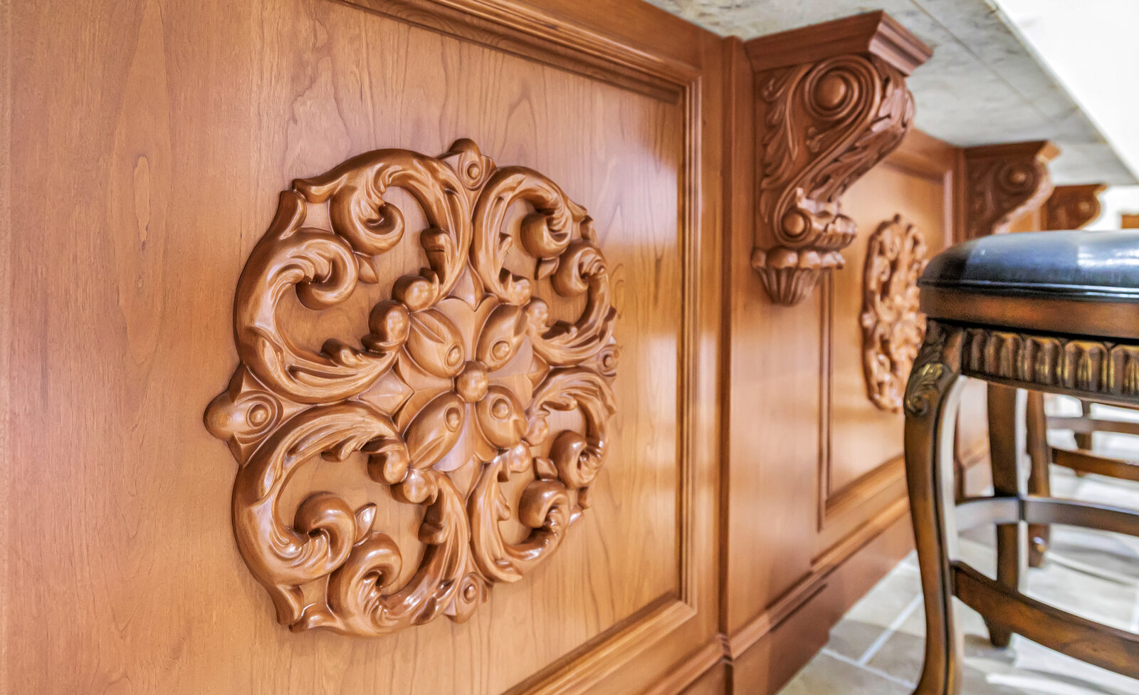 Hand-carved detail on a custom island